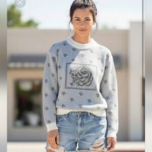 Vintage Acrylic Cropped Knit Rose Design Sweater Made In Korea